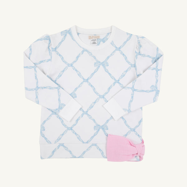 Puff Sleeve Cassidy Comfy Crewneck - Belle Meade Bow (Buckhead Blue) with Pier Party Pink Bow