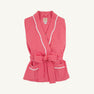 Rest Awhile Robe - Richmond Red & Hamptons Hot Pink sleeveless wrap robe in red and pink vertical stripes with white piping, scallop trim, a matching tie belt, and two front pockets.