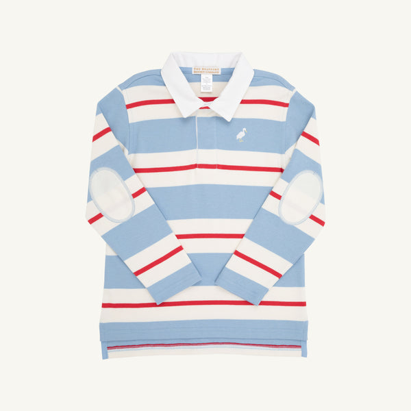 Rollins Rugby Shirt - Barrington Blue, Richmond Red, & Palmetto Pearl Stripe with Multicolor Stork