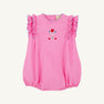 The Beaufort Bonnet Company’s Ruehling Ruffle Bubble in Hamptons Hot Pink features Beale Street Blue trim and floral heart embroidery on the chest, displayed on a white background.