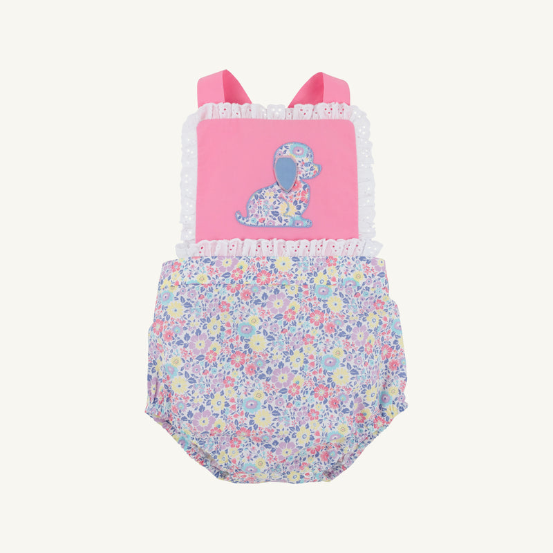 Sally Sunsuit - Briar Patch Petals with Hamptons Hot Pink & Dog Applique