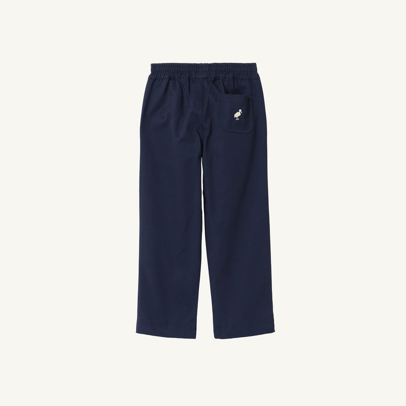 Sheffield Pants - Nantucket Navy with Keeneland Khaki Stork in cotton twill, featuring an elastic waist and a single back pocket with an embroidered white stork.
