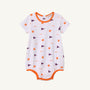 The Beaufort Bonnet Company Clemson Short Sleeve Patton Play Bubble - Tiger Triumph with Clemson Orange is a white baby romper with orange trim, short sleeves, and convenient bottom snaps. It features an all-over print of small orange Tiger paws and purple pennants with “CLEMSON” text, perfect for celebrating Tiger Triumph spirit.