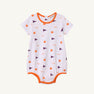 The Beaufort Bonnet Company Clemson Short Sleeve Patton Play Bubble - Tiger Triumph with Clemson Orange is a white baby romper with orange trim, short sleeves, and convenient bottom snaps. It features an all-over print of small orange Tiger paws and purple pennants with “CLEMSON” text, perfect for celebrating Tiger Triumph spirit.