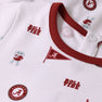 The Beaufort Bonnet Company’s Alabama Short Sleeve Patton Play Bubble – Sweet Home Honey with Alabama Crimson is a white baby onesie with maroon trim, crafted from 100% Pima Cotton Knit. It features Alabama Crimson Tide logos, an elephant mascot, Roll Tide text, and a pennant flag to capture the spirit of Sweet Home Honey.