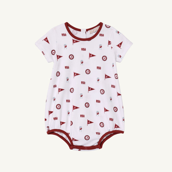 The Alabama Short Sleeve Patton Play Bubble - Sweet Home Honey with Alabama Crimson by The Beaufort Bonnet Company features a white base with maroon trim and an all-over print of maroon flags, circular emblems, and small mascots. Made from 100% Pima Cotton Knit, this sweet and comfortable romper is perfect for your little one.