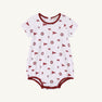 The Alabama Short Sleeve Patton Play Bubble - Sweet Home Honey with Alabama Crimson by The Beaufort Bonnet Company features a white base with maroon trim and an all-over print of maroon flags, circular emblems, and small mascots. Made from 100% Pima Cotton Knit, this sweet and comfortable romper is perfect for your little one.
