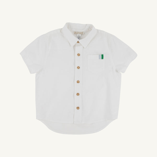 Short Sleeve Dean's List Dress Shirt (Linen) - Worth Avenue White, Buckhead Blue, and Kiawah Kelly Green with Tortoise Shell Buttons