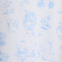 The Sir Proper’s Sweet Arrival (Beale Street Blue) Accessories Bundle from The Beaufort Bonnet Company features a whimsical white fabric adorned with light blue illustrations of animals—like bears and a stork—alongside trees, balloons, and baby carriages. This playful pattern makes the bundle, which includes a Baby Buggy Blanket, Oopsie Daisy Burp Cloth, and Burp Me Bib, a perfect choice for baby shower gifts or your baby registry.