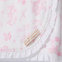 Crafted from soft pima cotton, the Sir Proper’s Sweet Arrival (Hamptons Hot Pink) Accessories Bundle by The Beaufort Bonnet Company features a white fabric adorned with pink, vintage-inspired illustrations and delicate ruffled edges. A beige and gold label reading THE BEAUFORT BONNET COMPANY is sewn onto each piece. This charming set—including a Baby Buggy Blanket, Oopsie Daisy Burp Cloth, and Burp Me Bib—makes a thoughtful baby shower gift.