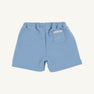 Sullivan Shorts - Barrington Blue Heathered by The Beaufort Bonnet Company feature an elastic waistband, a small back pocket on the right side, and a label above the pocket. These boys’ heathered shorts are shown on a plain white background.