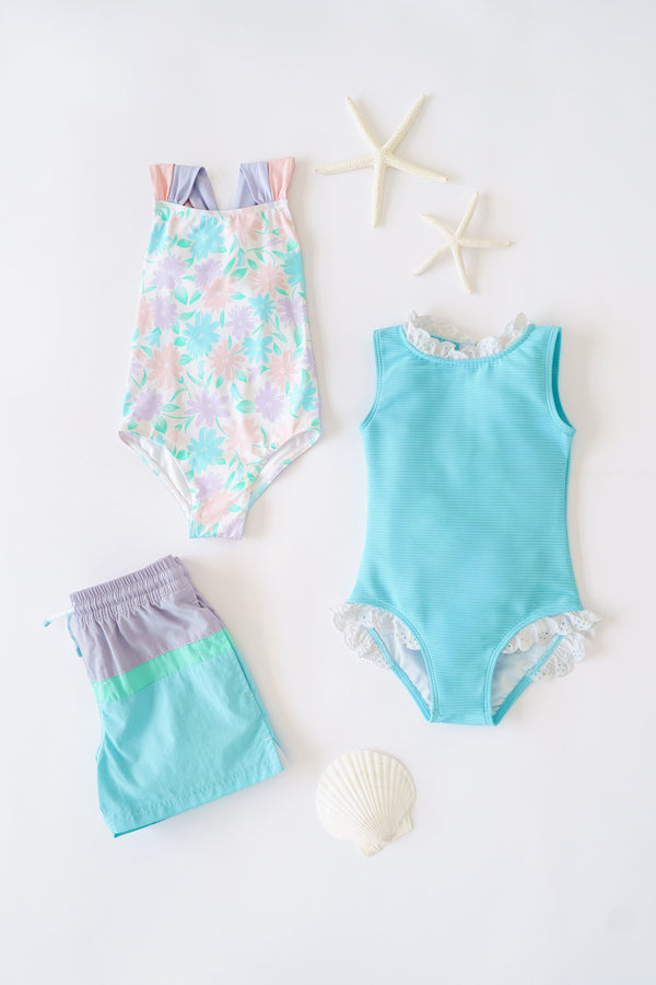 Country Club Colorblock Trunks - Lauderdale Lavender with Turks Teal & Belhaven Blue