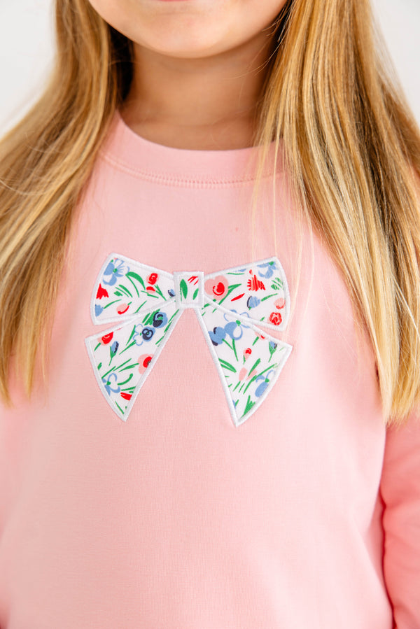 Puff Sleeve Cassidy Comfy Crewneck - Sandpearl Pink with Fair Street Floral Bow