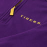 A close-up of The Beaufort Bonnet Company’s LSU Hayword Half-Zip in LSU Purple with LSU Gold, featuring a yellow zipper and TIGERS embroidered in yellow letters on the chest—perfect for game day wear.