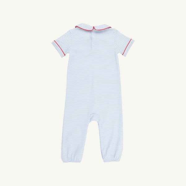 Benny Button Romper - Beale Street Blue Stripe with Richmond Red