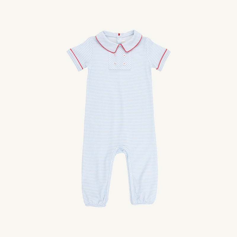 Benny Button Romper - Beale Street Blue Stripe with Richmond Red