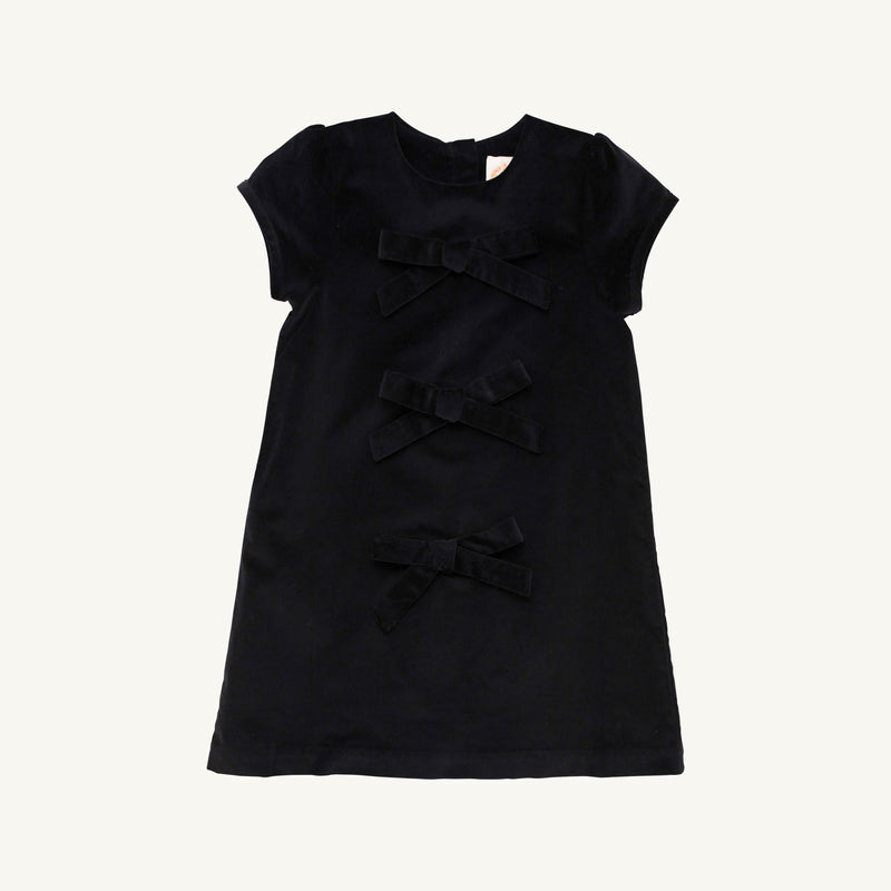 A short-sleeved Betts Bow Dress - Newport Night Velveteen by The Beaufort Bonnet Company for a child, featuring three velvet bows arranged vertically down the front and laid flat on a plain white background—a perfect holiday dress.