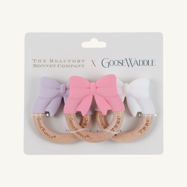 Bow Wooden & Silicone Teether (3-Pack) - Lauderdale Lavender, Hamptons Hot Pink & Worth Avenue White