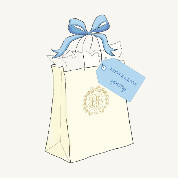 Happy Mystery Mail - Boys Spring Pack of 10 gift bag tied with a blue ribbon and a tag that reads LITTLE GENTS spring.
