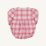 Back view of a Bradley Bubble - Broadway Play Plaid with Worth Avenue White infant romper in pink and purple plaid, featuring a white scalloped collar and two buttons at the back neck.