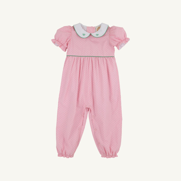 Short Sleeve Britt Romper - Pier Party Pink and Gibson Island Green Micro Dot with Worth Avenue White