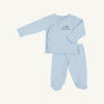 Cameron Cross Front Set in Buckhead Blue with Nantucket Navy Little Brother embroidery, featuring a long-sleeve side-snap shirt and matching footed pants.