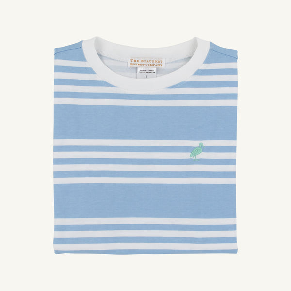 Carter Crewneck - Saddle Ridge Stripe (Sarasota Sky) with Gibson Island Green Stork