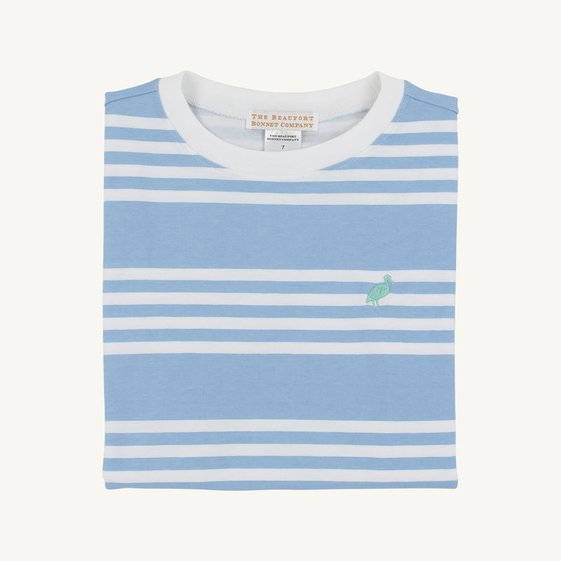 Carter Crewneck - Saddle Ridge Stripe (Sarasota Sky) with Gibson Island Green Stork