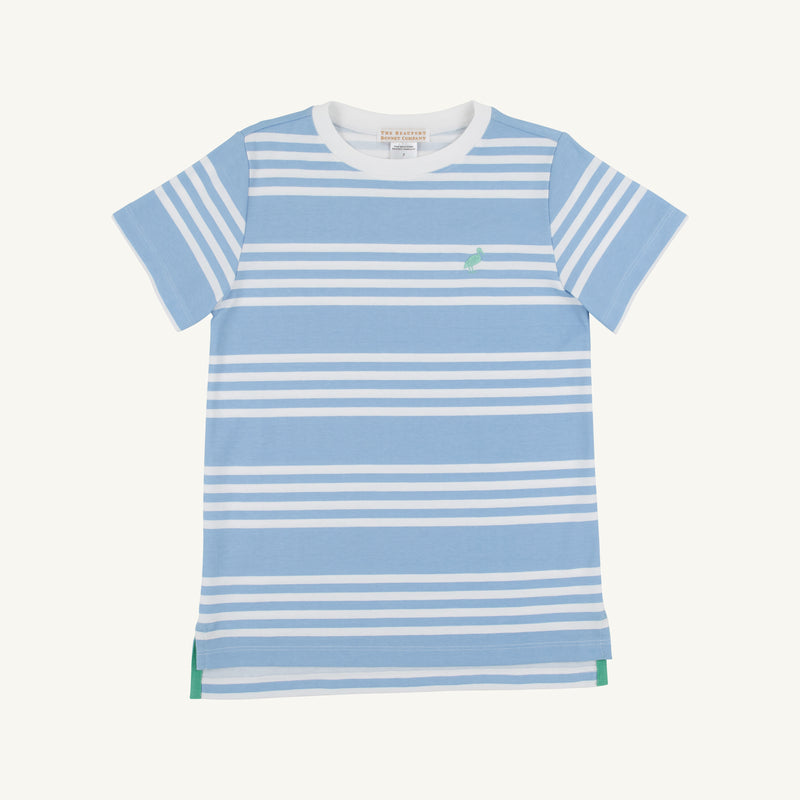 Carter Crewneck - Saddle Ridge Stripe (Sarasota Sky) with Gibson Island Green Stork
