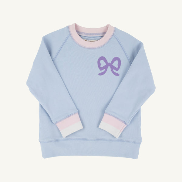 Cassidy Comfy Crewneck - Beale Street Blue with Palm Beach Pink and Palisades Purple Bow