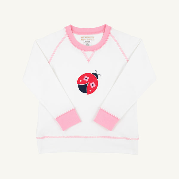 Cassidy Comfy Crewneck - Worth Avenue White with Ladybug Applique