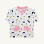 Show your school spirit on gameday in The Beaufort Bonnet Company’s Michigan Cassidy Comfy Crewneck – Bold in Blue with Hamptons Hot Pink. This crewneck features eye-catching pink cuffs and collar, and is adorned with a playful repeating pattern of University of Michigan M logos, yellow pennants, pink and blue science flasks, pom-poms, and megaphones—making it the perfect addition to your collegiate apparel collection.