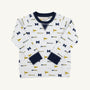The Beaufort Bonnet Company’s Michigan Cassidy Comfy Crewneck - Bold in Blue with Michigan Blue offers cozy comfort for kids and features navy cuffs and collar, adorned with repeating University of Michigan M logos, pennants, and “Wolverines” text in blue and yellow for spirited school pride.