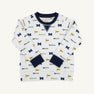 The Beaufort Bonnet Company’s Michigan Cassidy Comfy Crewneck - Bold in Blue with Michigan Blue offers cozy comfort for kids and features navy cuffs and collar, adorned with repeating University of Michigan M logos, pennants, and “Wolverines” text in blue and yellow for spirited school pride.