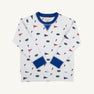 The Beaufort Bonnet Company’s Florida Cassidy Comfy Crewneck - Florida Forever with Florida Blue is a white sweatshirt featuring blue cuffs, adorned with blue “F”s, orange and blue pennants, and alligator logos in a sports-themed university pattern. The shirt is neatly laid flat on a white background.