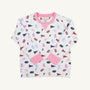 Introducing the Florida Cassidy Comfy Crewneck - Florida Forever with Hamptons Hot Pink by The Beaufort Bonnet Company. This children’s white sweatshirt features vibrant pink cuffs and collar, and a playful all-over print of pennants, “F” symbols, football helmets, and pom-poms—perfect for little University of Florida Gators fans. Cozy and spirited, this crewneck is the ultimate addition to any young fan’s gameday wardrobe.
