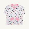 Introducing the Florida Cassidy Comfy Crewneck - Florida Forever with Hamptons Hot Pink by The Beaufort Bonnet Company. This children’s white sweatshirt features vibrant pink cuffs and collar, and a playful all-over print of pennants, “F” symbols, football helmets, and pom-poms—perfect for little University of Florida Gators fans. Cozy and spirited, this crewneck is the ultimate addition to any young fan’s gameday wardrobe.