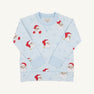 Cassidy Comfy Crewneck - Dear Santa (Buckhead Blue Stripe) boys holiday top in light blue and white stripes with a crewneck, long sleeves, and a pattern of Santa Claus faces and small snowflakes.