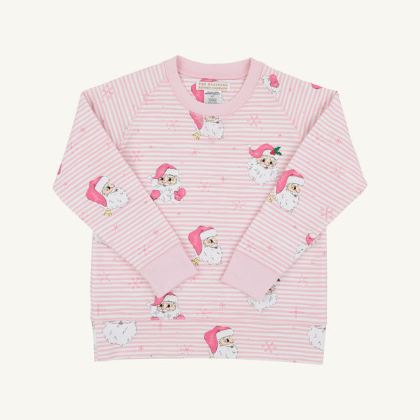Cassidy Comfy Crewneck - Dear Santa (Palm Beach Pink Stripe) holiday sweater in Palm Beach Pink and white stripes with a repeating pattern of Santa Claus and small snowflakes.