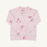 Cassidy Comfy Crewneck - Dear Santa (Palm Beach Pink Stripe) holiday sweater in Palm Beach Pink and white stripes with a repeating pattern of Santa Claus and small snowflakes.