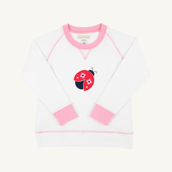 Cassidy Comfy Crewneck - Worth Avenue White with Ladybug Applique