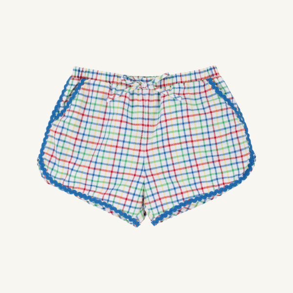 Cheryl Shorts - Kindness Wins Windowpane with Wood Boat Blue Ricrac Trim