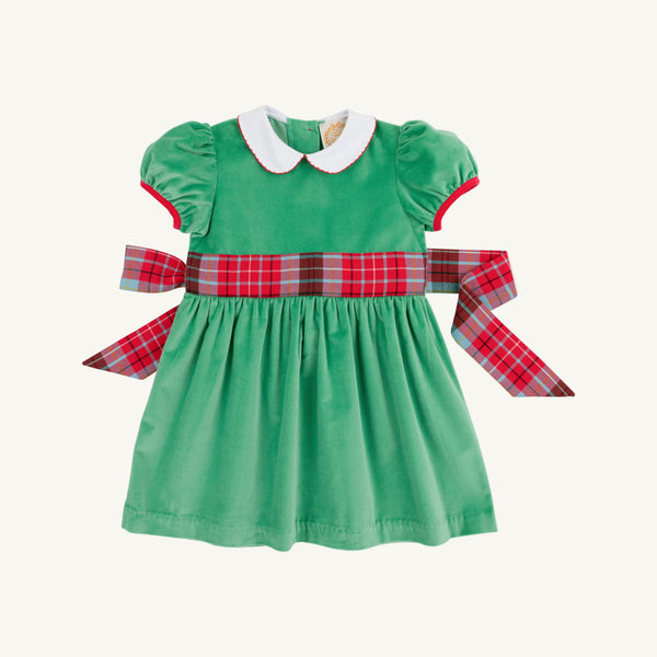 Cindy Lou Sash Dress (Velveteen) - Kiawah Kelly Green with Worth Avenue White & Wilson Pier Plaid