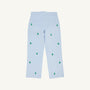The Beaufort Bonnet Company Critter Prep School Pant in Buckhead Blue Corduroy with Christmas Trees is shown from the back. These boys’ holiday pants feature embroidered green Christmas trees scattered across the fabric, two back pockets, and a straight-leg fit.