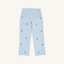 The Beaufort Bonnet Company Critter Prep School Pant in Buckhead Blue Corduroy with Christmas Trees is shown from the back. These boys’ holiday pants feature embroidered green Christmas trees scattered across the fabric, two back pockets, and a straight-leg fit.