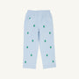The Beaufort Bonnet Company’s Critter Sheffield Pants in Buckhead Blue Corduroy feature an elastic waistband and a back pocket, and are adorned with small green embroidered Christmas trees scattered throughout the fabric.