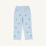 The Beaufort Bonnet Company’s Critter Sheffield Pants in Buckhead Blue Corduroy feature an elastic waistband and a back pocket, and are adorned with small green embroidered Christmas trees scattered throughout the fabric.
