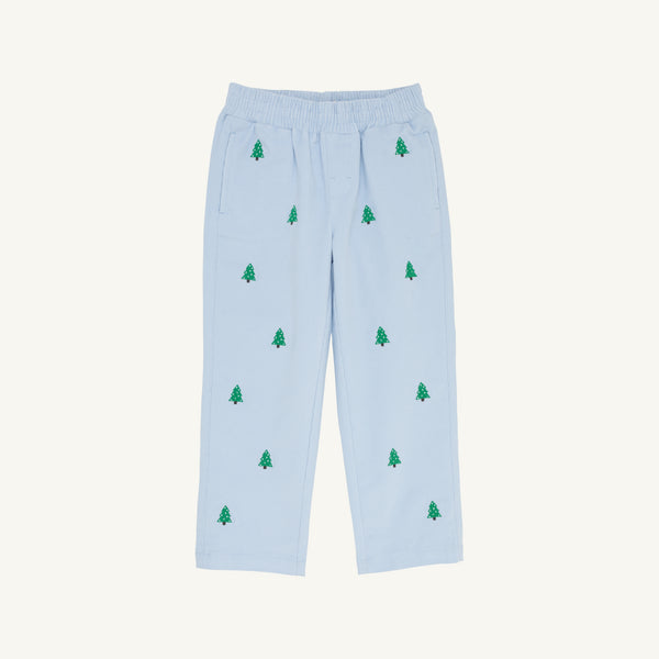 The Beaufort Bonnet Company Critter Sheffield Pants in Buckhead Blue Corduroy feature an elastic waistband and two pockets, and are adorned with small green embroidered Christmas trees evenly spaced across the fabric.