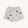 The Beaufort Bonnet Company Florida Critter Sheffield Shorts in Saratoga Stone feature an elastic waistband and are adorned with multiple embroidered green alligators and orange F Florida logo designs, perfect for kids’ gameday.