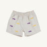 Show your Tiger pride with the LSU Critter Sheffield Shorts in Saratoga Stone by The Beaufort Bonnet Company. These comfortable shorts feature an elastic waistband and are adorned with purple and gold LSU logos scattered across the fabric—perfect gameday attire for any fan.